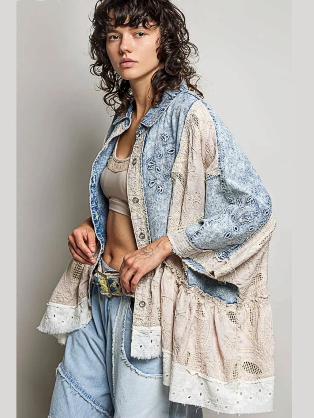 Pol Eyelet Ruffles Embroidered Crochet Patch Denim Jacket Relax Fit Size S M L - Picture 6 of 14